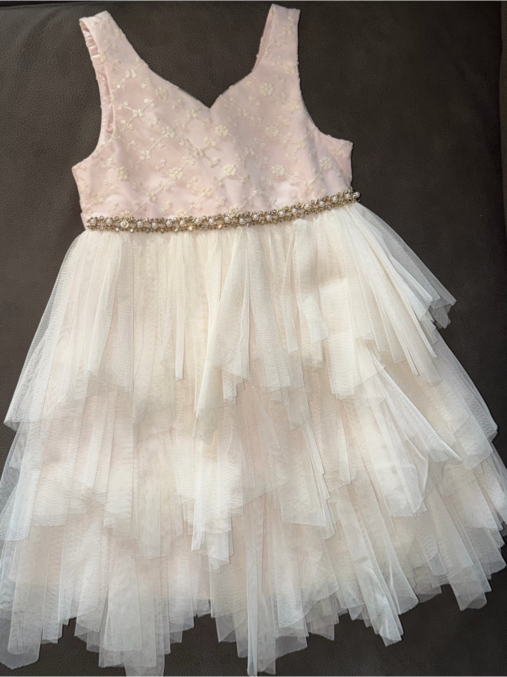 American Princess Pink and Cream Tulle Party Dress with Beaded Waistband